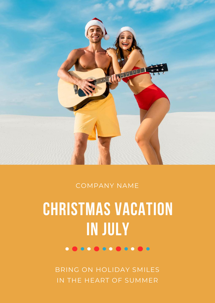 Ontwerpsjabloon van Postcard A6 Vertical van Christmas Vacation In July With Guitar At Beach