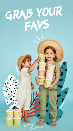 aranyos kisgyerekek kezében jégkrém vödör Instagram Story tervezősablon