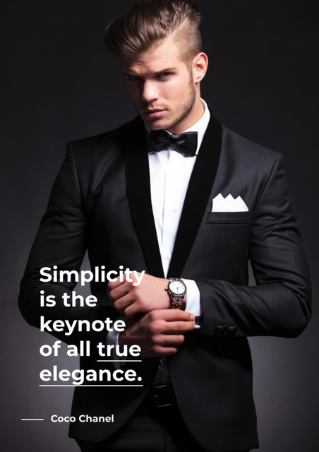 Elegance Quote with Confident Man in Tuxedo with Bowtie Flyer A4 Modelo de Design