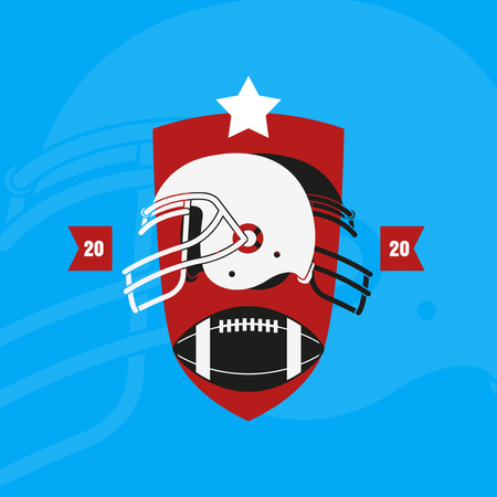 Template di design emblema con palla e casco da rugby Logo