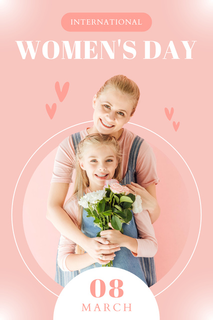 International Women's Day Greeting with Cute Mother and Daughter Pinterestデザインテンプレート