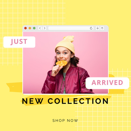 Ontwerpsjabloon van Instagram AD van Announcement of Arrival of New Collection with Girl and Lollipop