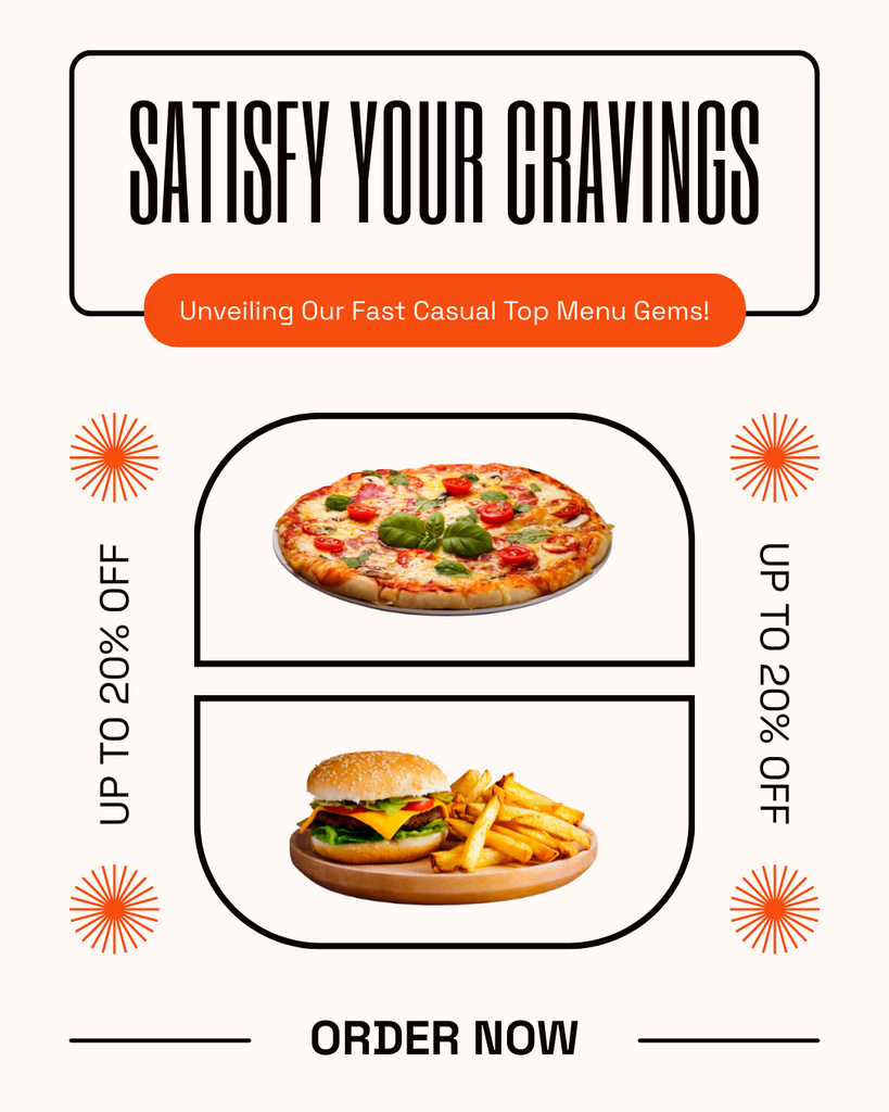 Fast Casual Restaurant Ad with Pizza and Burger Instagram Post Vertical Modelo de Design