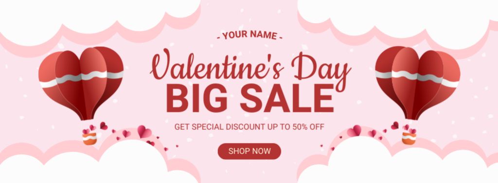 Valentine's Day Big Sale Announcement in Pink with Balloons Facebook cover Πρότυπο σχεδίασης