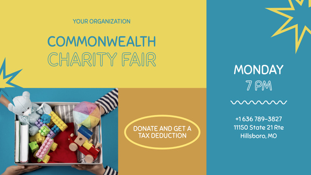Charity Fair Announcement with Toys in Box FB event cover Modelo de Design