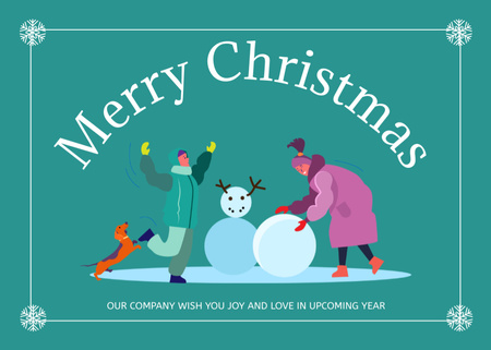 Christmas Cheers with People Making Cute Snowman Postcard 5x7in – шаблон для дизайну