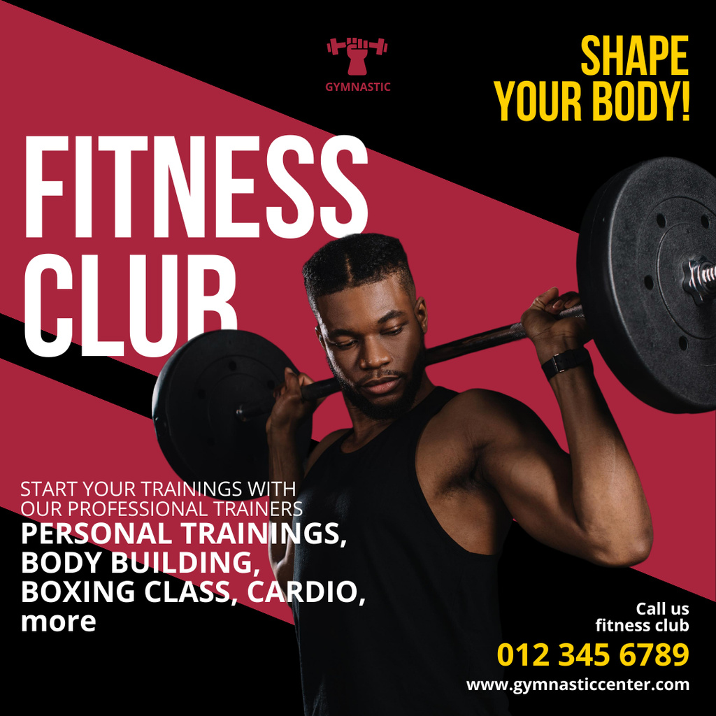Platilla de diseño Fitness Club Ad with Man Lifting a Barbell Instagram