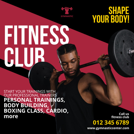 Template di design Fitness Club Ad with Man Lifting a Barbell Instagram