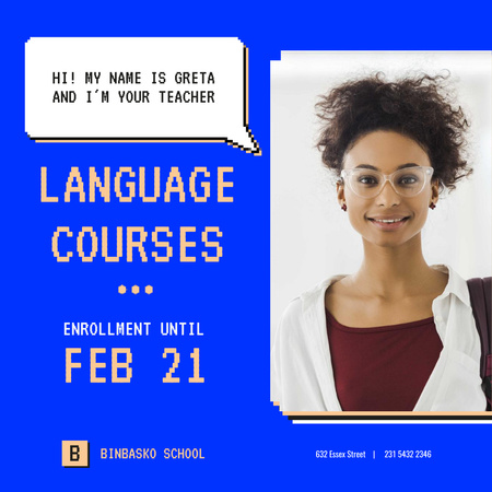 Designvorlage Language Courses Offer with Young Female Teacher für Animated Post