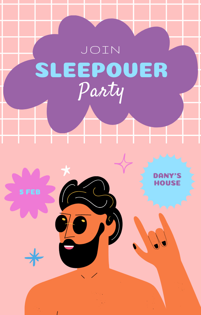 Announcement of Cool Sleepover Party With Illustration In Pink Invitation 4.6x7.2in – шаблон для дизайна
