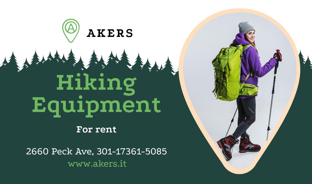 Hiking Equipment Ad with Backpacker Woman Business Card US Modelo de Design