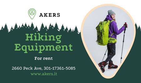 Hiking Equipment Ad with Backpacker Woman Business Card US Πρότυπο σχεδίασης
