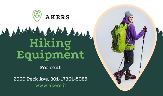 Szablon projektu Hiking Equipment Ad with Backpacker Woman Business Card US