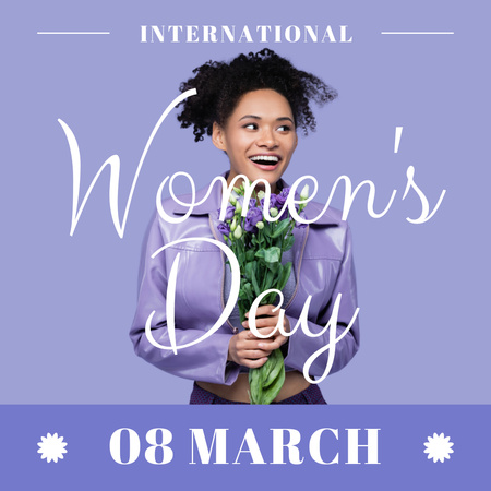 Platilla de diseño Women's Day Celebration with Woman holding Purple Flowers Instagram
