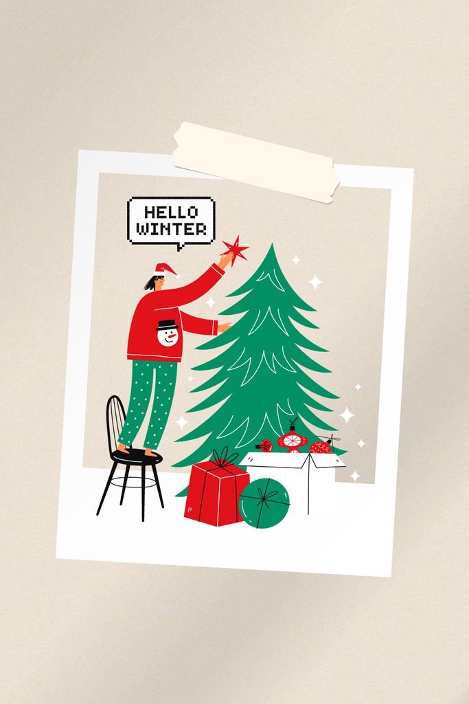 Designvorlage Winter Greeting with Boy decorating Christmas Tree für Pinterest