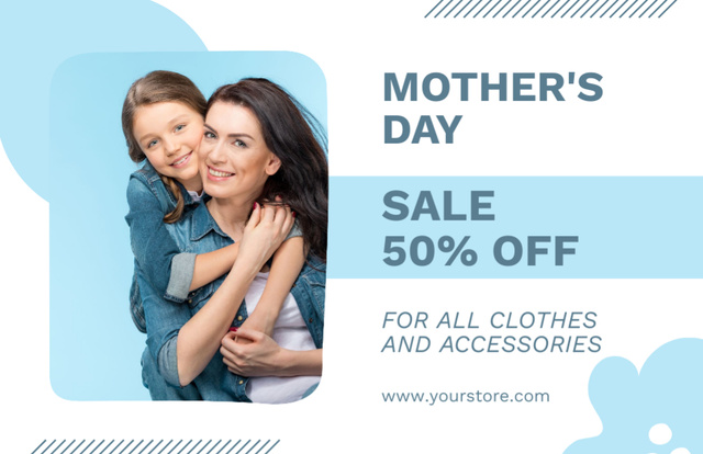 Sale on Mother's Day with Cute Mom and Girl on Blue Thank You Card 5.5x8.5in Design Template