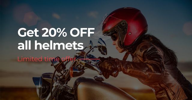 Plantilla de diseño de Bikers Helmets Offer with Woman on Motorcycle Facebook AD 