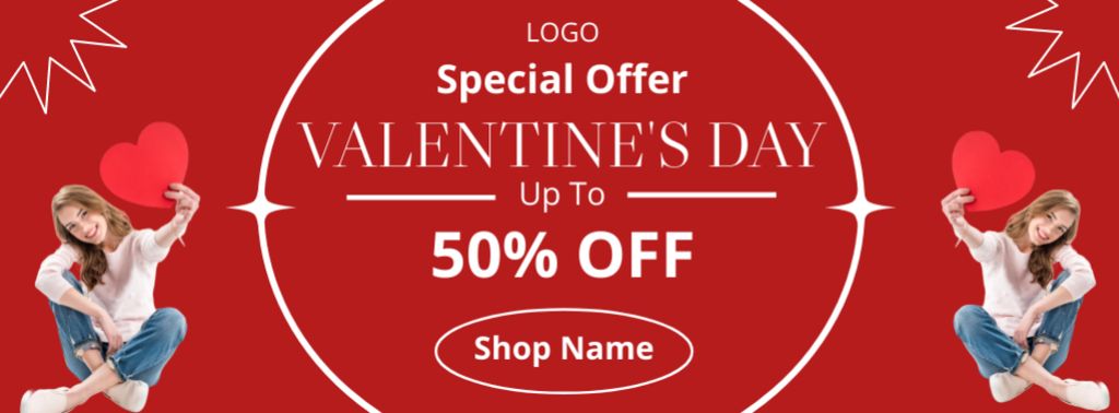 Valentine's Day Discount with Beautiful Woman on Red Facebook cover Modelo de Design