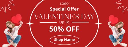 Valentine's Day Discount with Beautiful Woman on Red Facebook cover Design Template