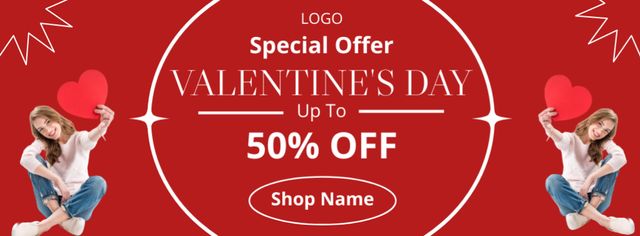 Valentine's Day Discount with Beautiful Woman on Red Facebook cover Tasarım Şablonu