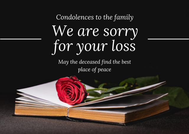Template di design Condolences Card with Book and Rose Card