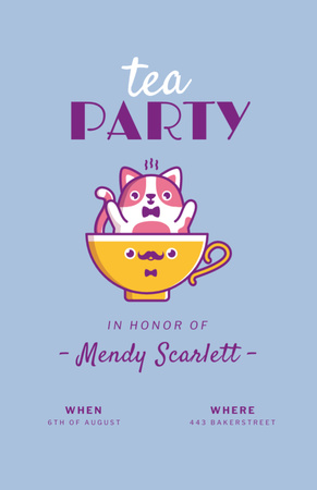 Tea Party Announcement With Cat And Cup on Blue Invitation 5.5x8.5in Modelo de Design