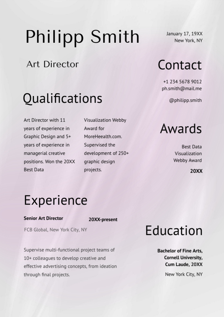 Template di design Art Director Qualifications And Experience Description Resume