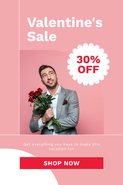 Template di design Sale Offer with Man in Love with Bouquet of Roses Pinterest