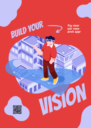 Ontwerpsjabloon van Postcard 5x7in Vertical van Illustratie van de mens in VR-bril in het rood