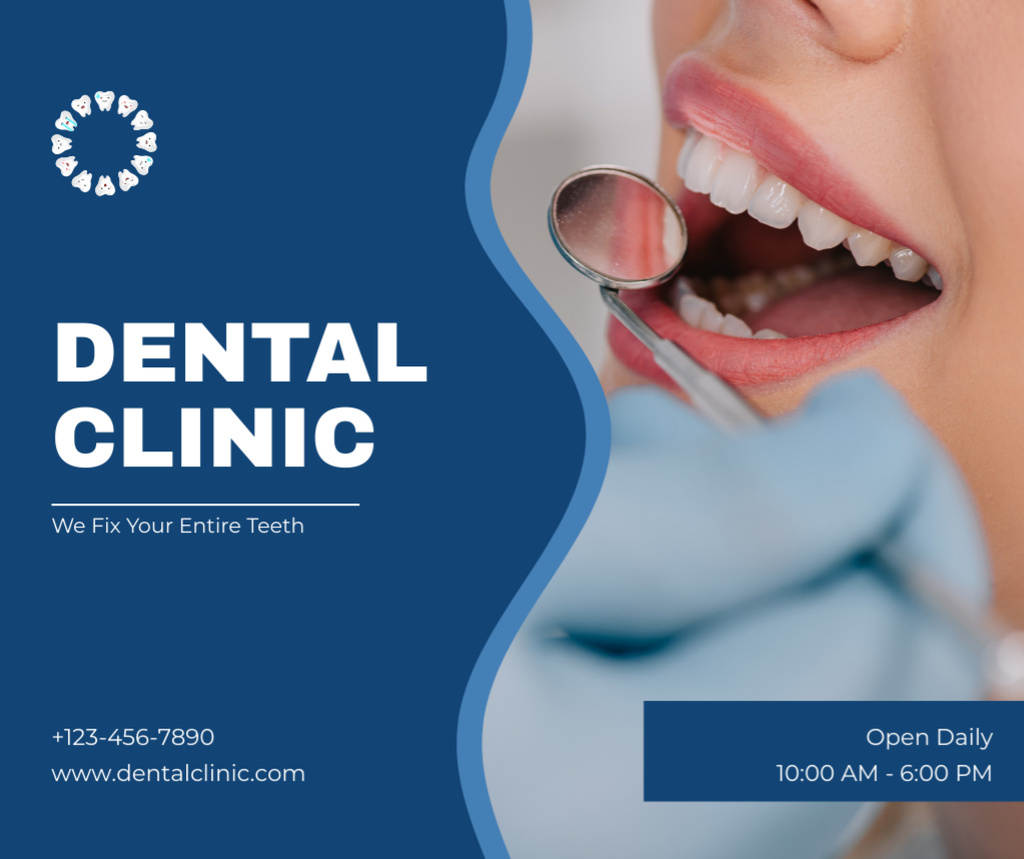 Platilla de diseño Dental Clinic Services with Patient on Checkup Facebook