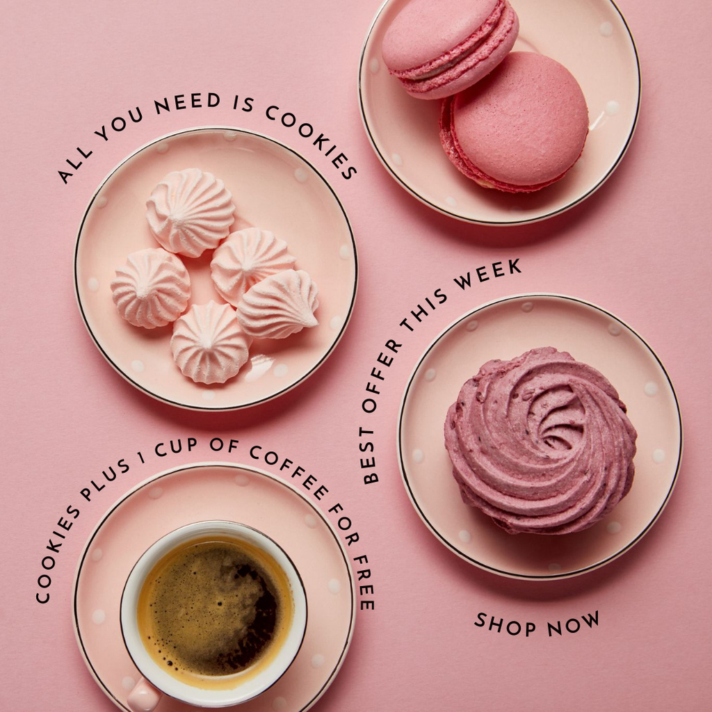 Cafe Ad with Pink Cookies and Cup of Coffee Instagram Tasarım Şablonu
