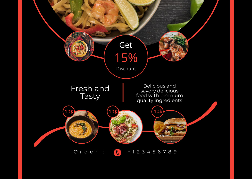 Template di design Delicious Food with Premium Quality Ingredients Flyer A6 Horizontal
