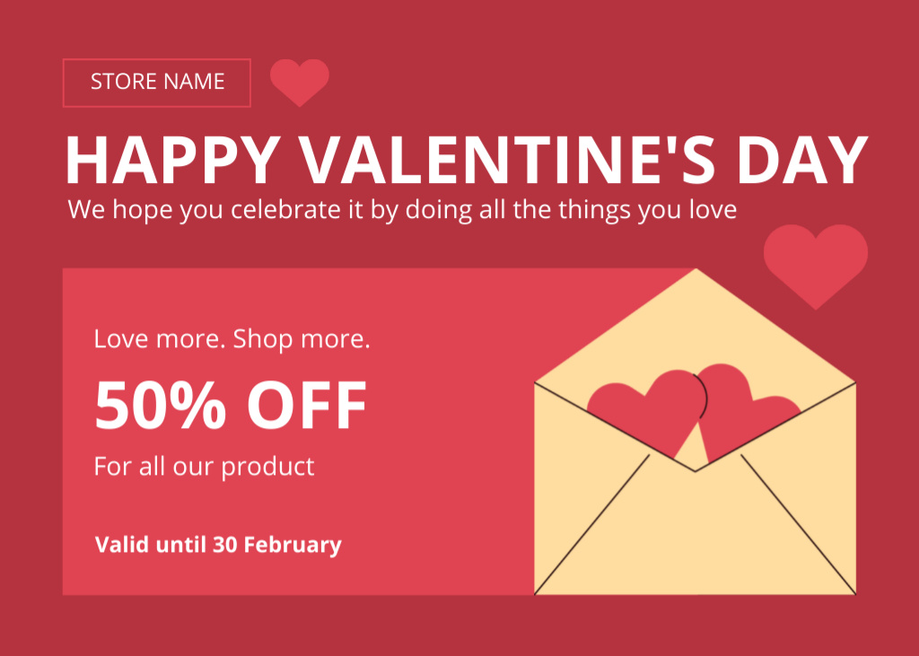 Designvorlage Valentine's Day Sale Offer With Cute Hearts In Envelope für Postcard 5x7in