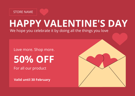 Designvorlage Valentine's Day Sale Offer With Hearts In Envelope für Postcard 5x7in