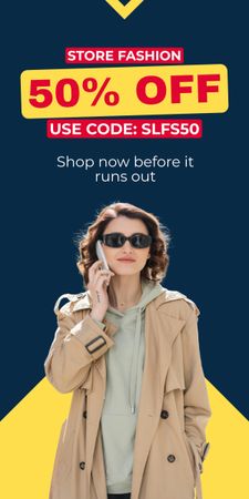 Fashion Store Ad with Stylish Woman on Trench Coat Graphic Design Template