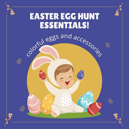 Template di design Elementi essenziali per la caccia alle uova di Pasqua con un bambino carino in costume da coniglietto Instagram AD