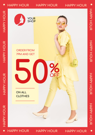 Clothes Shop Happy Hour Offer Woman in Yellow Outfit Flyer A4 Design Template