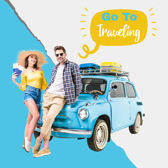 Travel Ad with Girl and Guy near Car Instagram Design Template