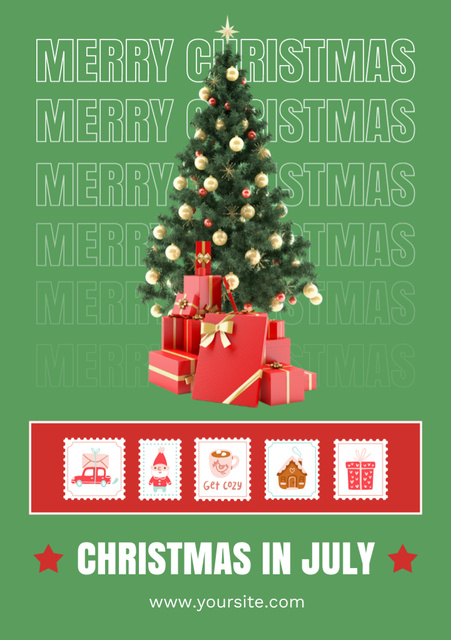 Template di design Magical Christmas Party in July with Christmas Tree And Gifts Flyer A5