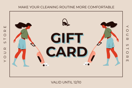 Woman Vacuuming with Vacuum Cleaner Gift Certificate Design Template