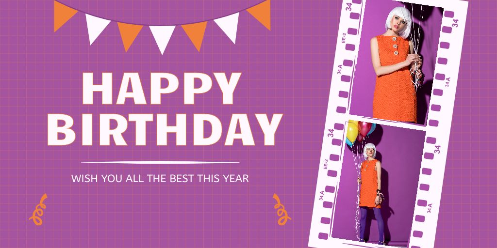 Birthday Greeting with Collage of Girl in Film Tape Twitter Design Template