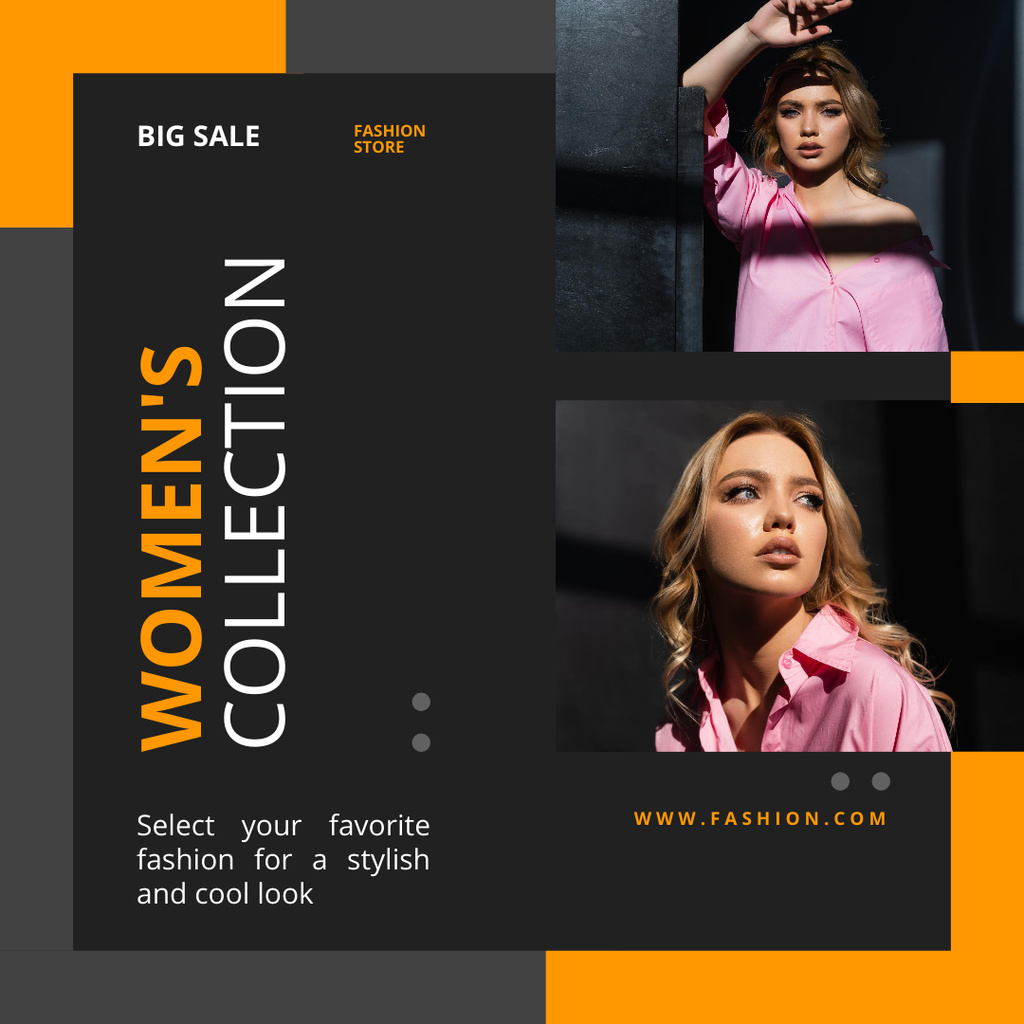 Designvorlage Women's Fashion Collection Ad on Black and Orange für Instagram