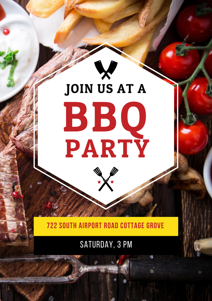 BBQ Party Invitation with Grilled Steak Poster Tasarım Şablonu