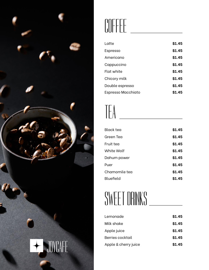 Coffee Menu Announcement with Coffee Beans Menu 8.5x11in Modelo de Design