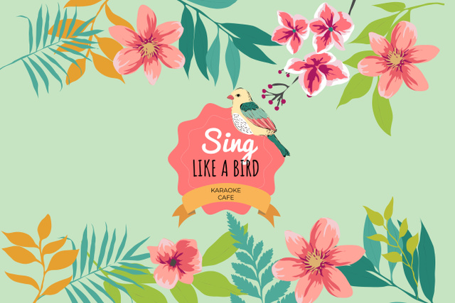 Karaoke Cafe Ad with Cute Bird in Pink Flowers Poster 24x36in Horizontal Šablona návrhu