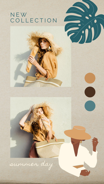 Designvorlage New Collection Ad with Woman in Straw Hat für Instagram Story