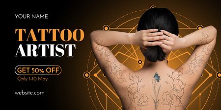 Tattoo Artist Service With Discount And Floral Pattern Twitter tervezősablon