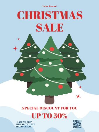 Christmas Sale Offer with Holiday Trees on Blue Poster US Tasarım Şablonu