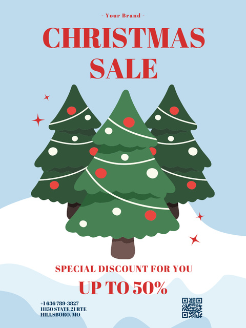 Christmas Sale Offer with Holiday Trees on Blue Poster US Πρότυπο σχεδίασης