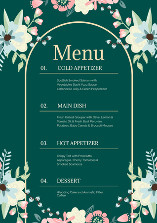 Wedding Dishes List on Green with Floral Illustration Menu Tasarım Şablonu